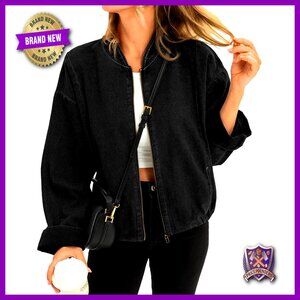 Denim Bomber Jacket Lightweight Zip Up Casual Shacket Retro Y2K Outerwear